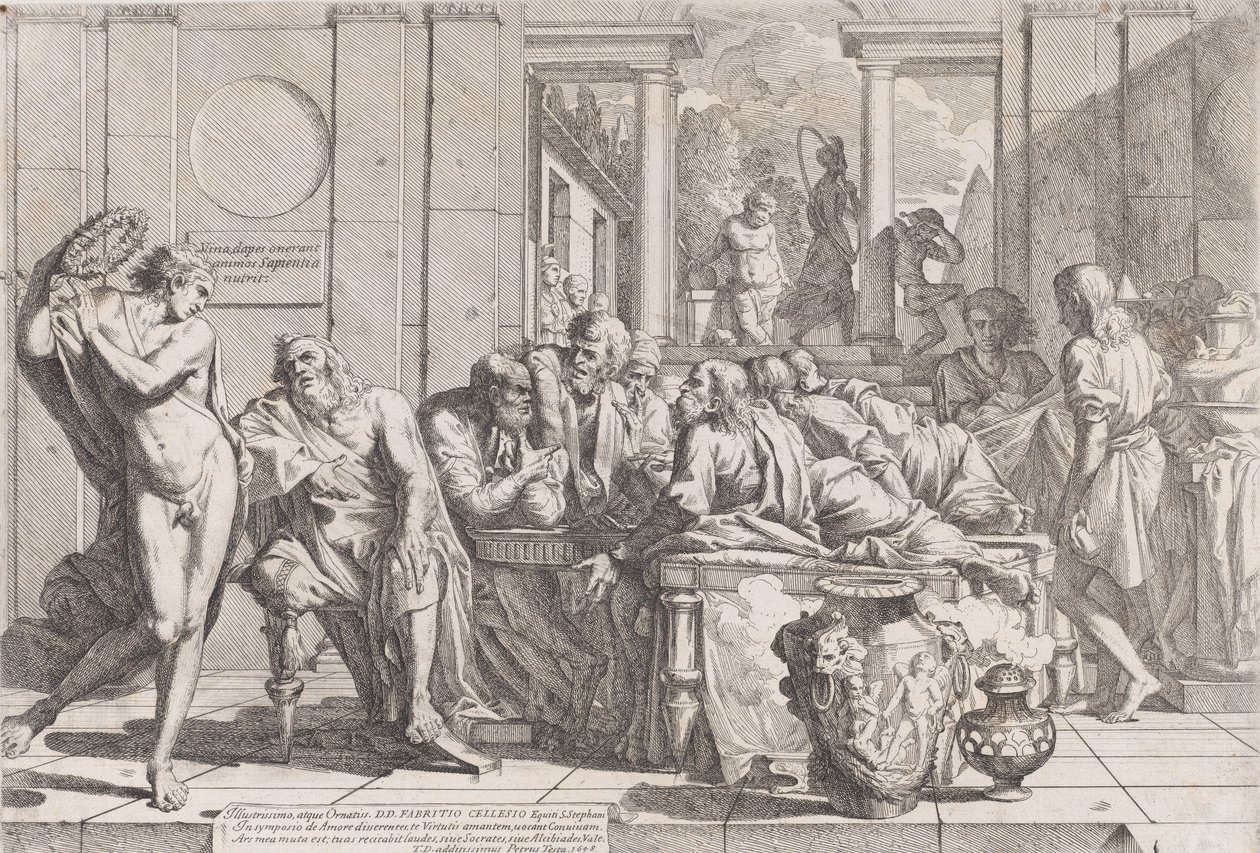 Simpósio de Platão: Sócrates e seus companheiros sentados ao redor de uma mesa discutindo o amor ideal..., 1648. de Pietro Testa