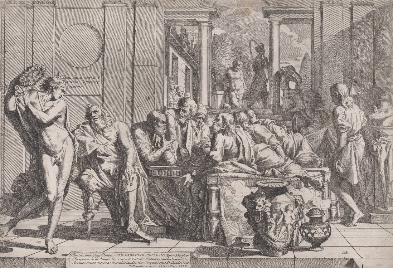 Simpósio de Platão: Sócrates e seus companheiros sentados ao redor de uma mesa discutindo o amor ideal..., 1648. de Pietro Testa