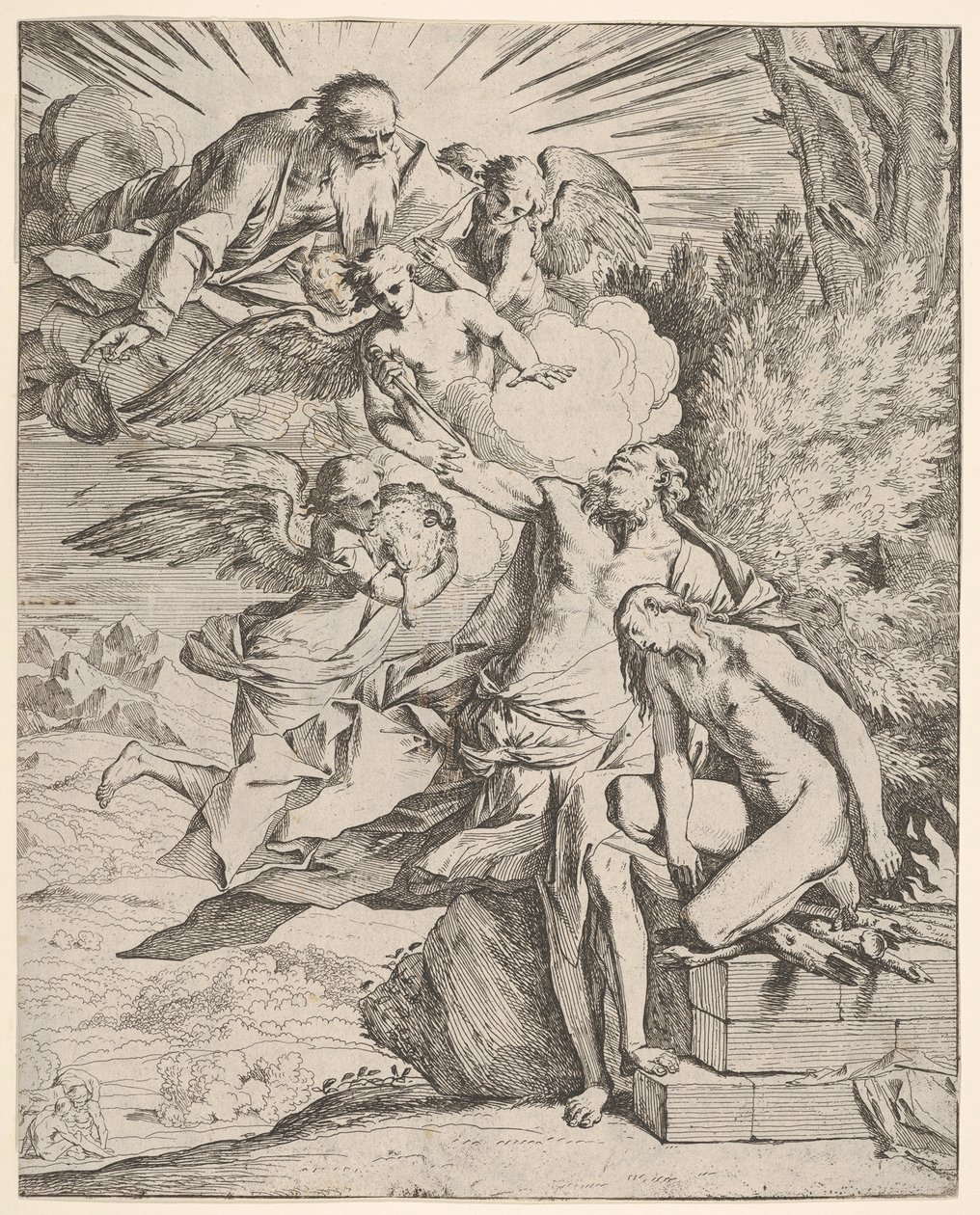 Sacrifício de Isaque: um anjo pressiona contra o braço com adaga de Abraão, que ..., ca.1645-50. de Pietro Testa