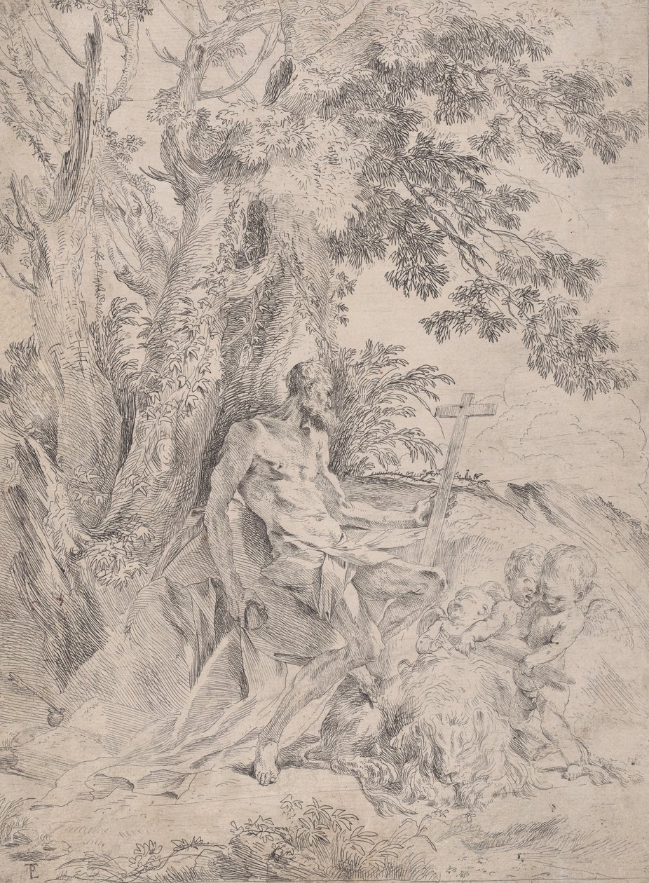 São Jerônimo diante de um crucifixo acompanhado por um leão e três putti, ca. 1631-37. de Pietro Testa