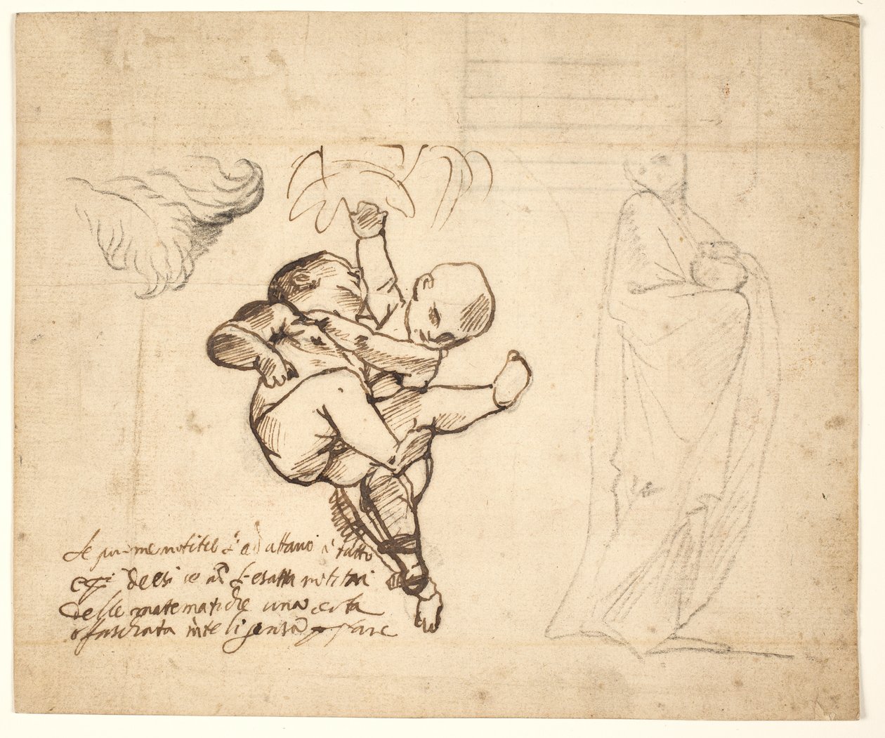 Estudo para dois jogando putti, folhas e uma figura drapeada com uma urna de Pietro Testa