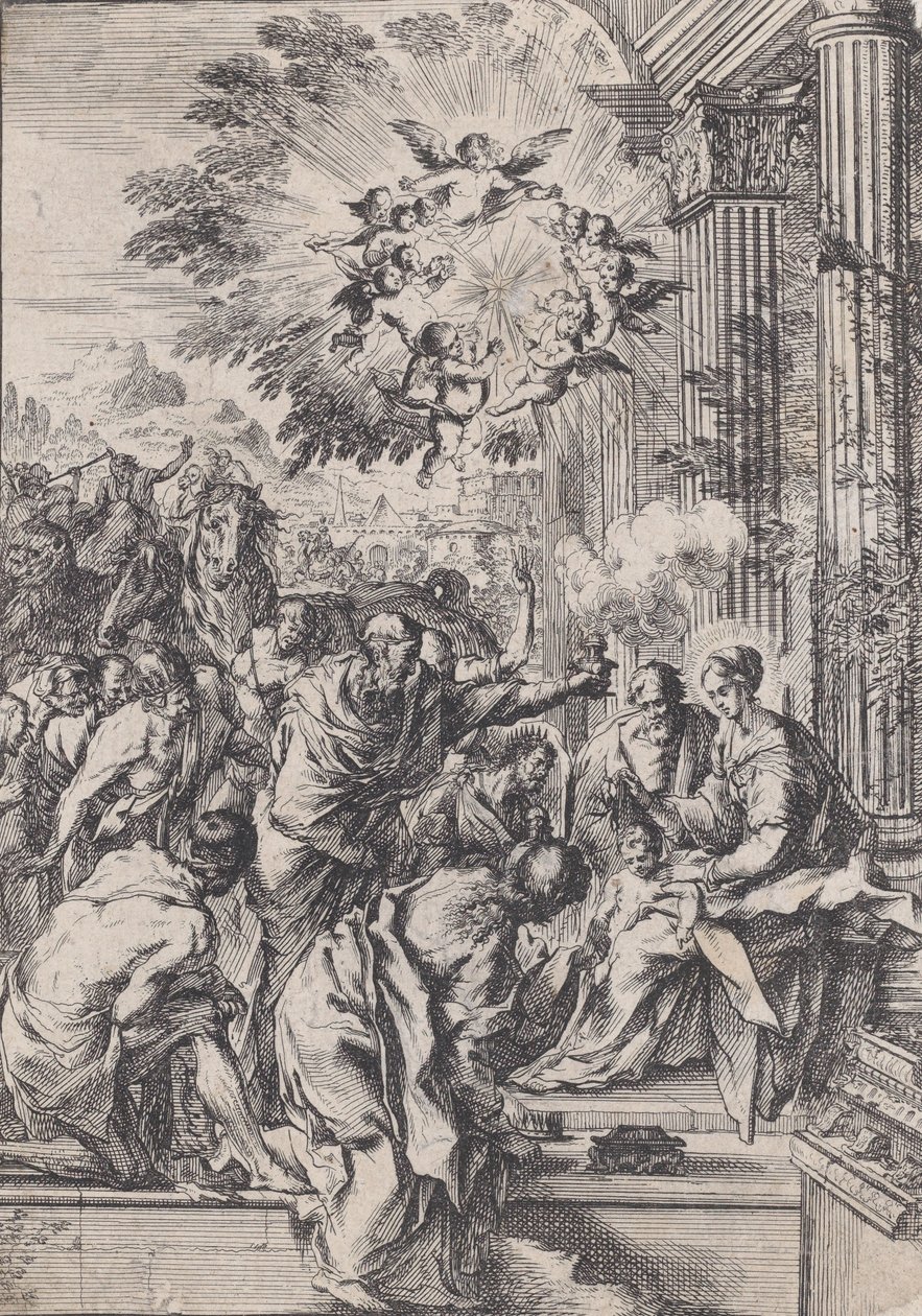 A Adoração dos Magos, colocada antes e colunata arquitetônica, c. 1640. de Pietro Testa