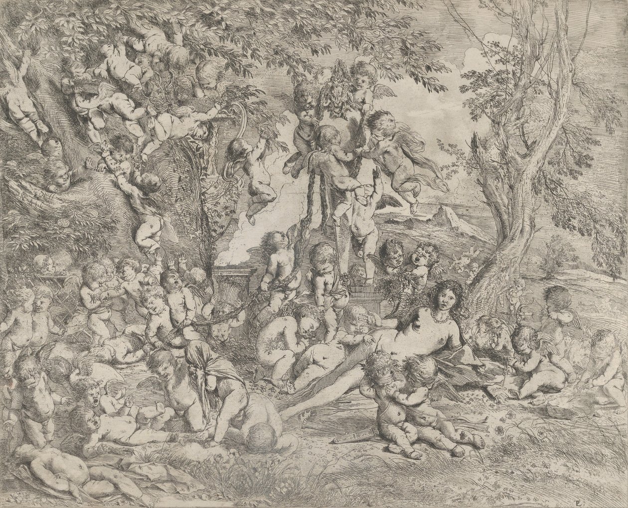 O Jardim de Vênus que se reclina no centro diante de uma ermida de Pã e cercado ..., ca. 1631-37. de Pietro Testa