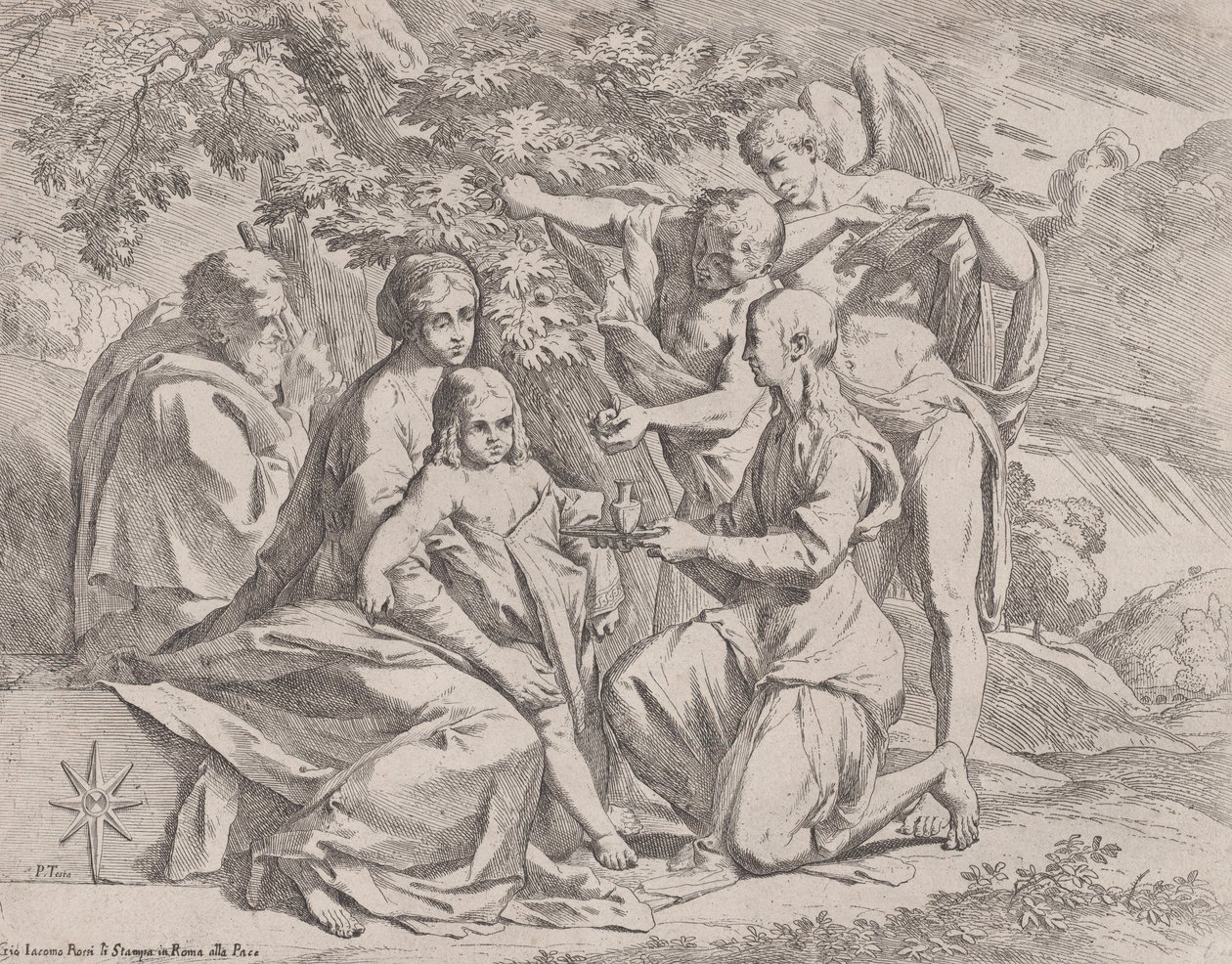 A Sagrada Família alimentada por Anjos, ca. 1642-44. de Pietro Testa