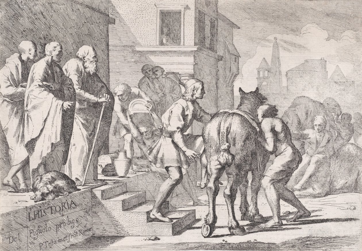 A partida do filho pródigo, mostrado prestes a montar a cavalo, de uma série de quatro..., c. 1645. de Pietro Testa