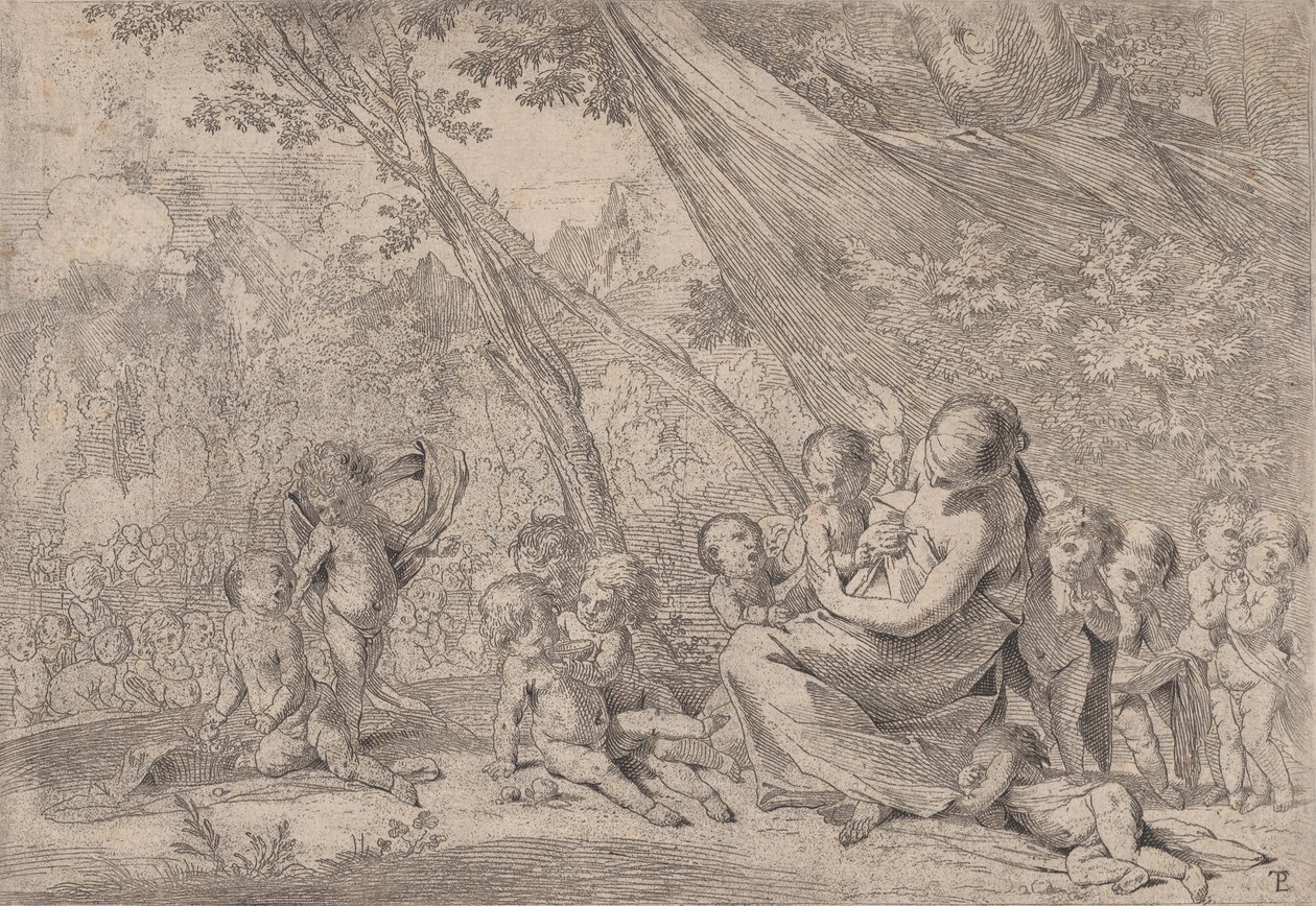 O jardim da caridade, mulher representando a Caridade à direita rodeada de crianças, ..., ca. 1631-37. de Pietro Testa