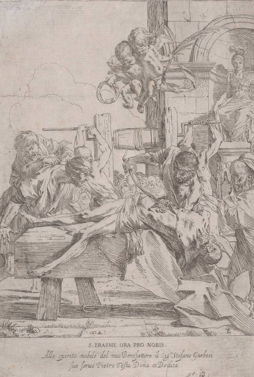 O martírio de São Erasmo que está prostrado tendo nas vísceras removidas, dois putti a..., ca. 1630. de Pietro Testa