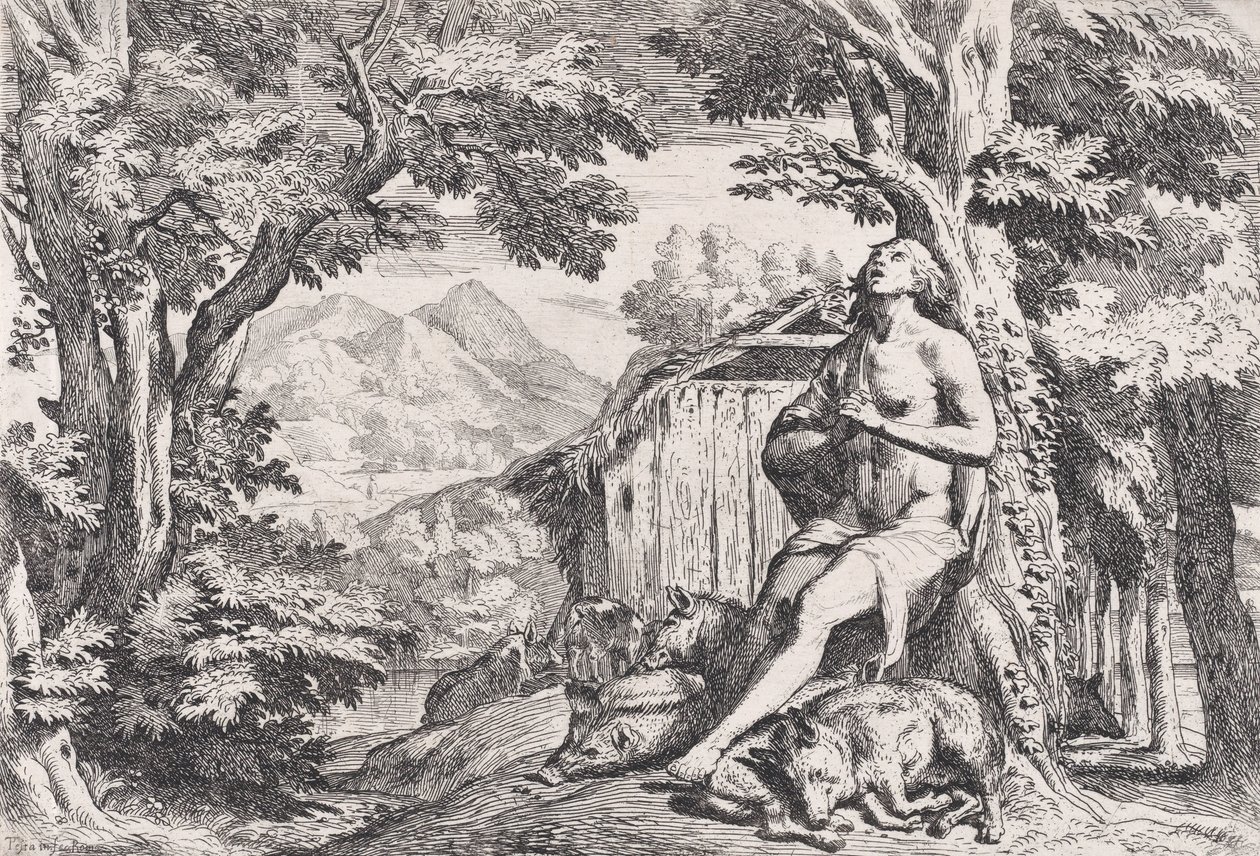 O filho pródigo entre os suínos, de uma série de quatro gravuras, ca. 1645. de Pietro Testa