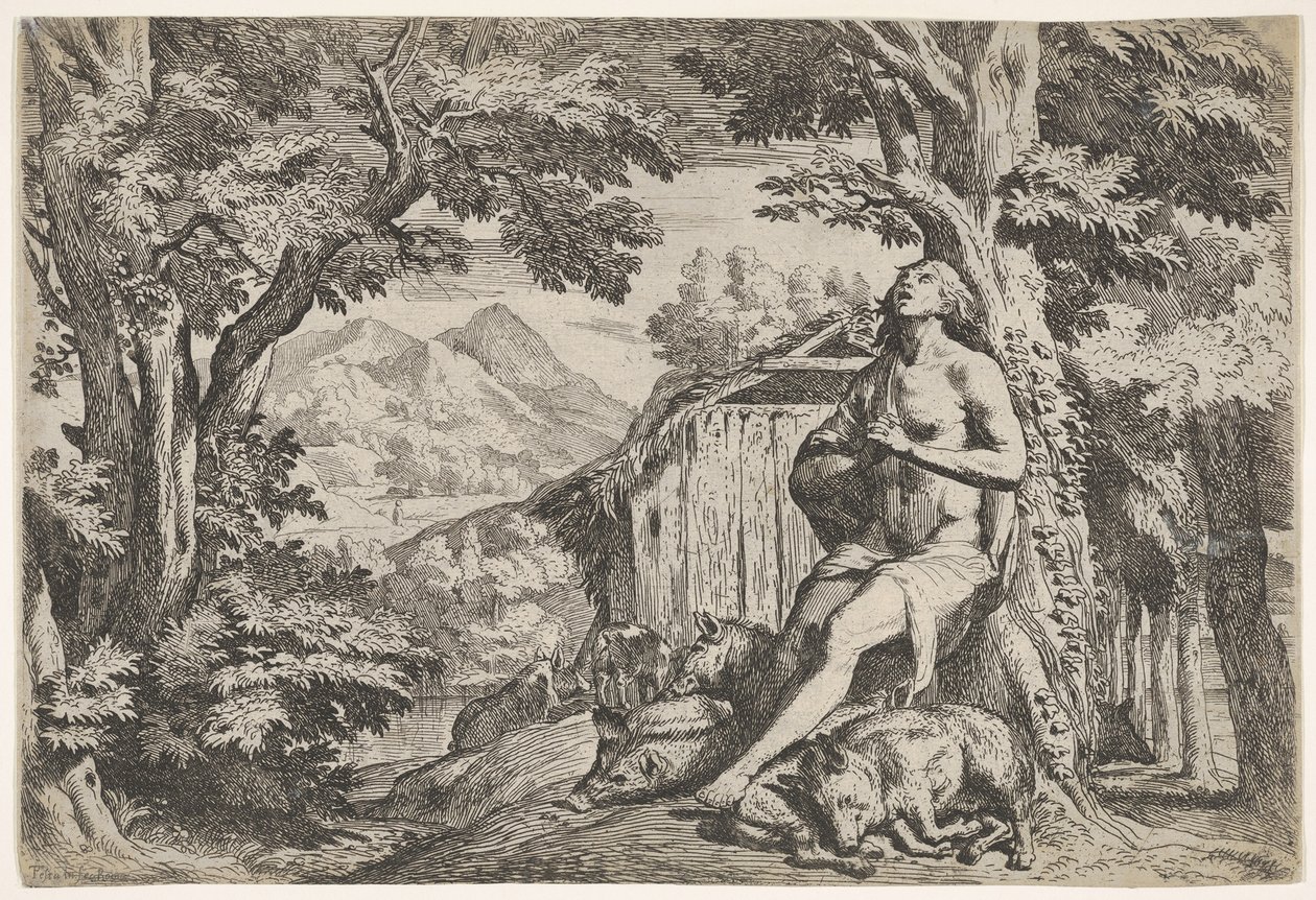 O filho pródigo sentado na base de uma árvore entre os porcos, seu olhar voltado para cima..., ca. 1640-50. de Pietro Testa