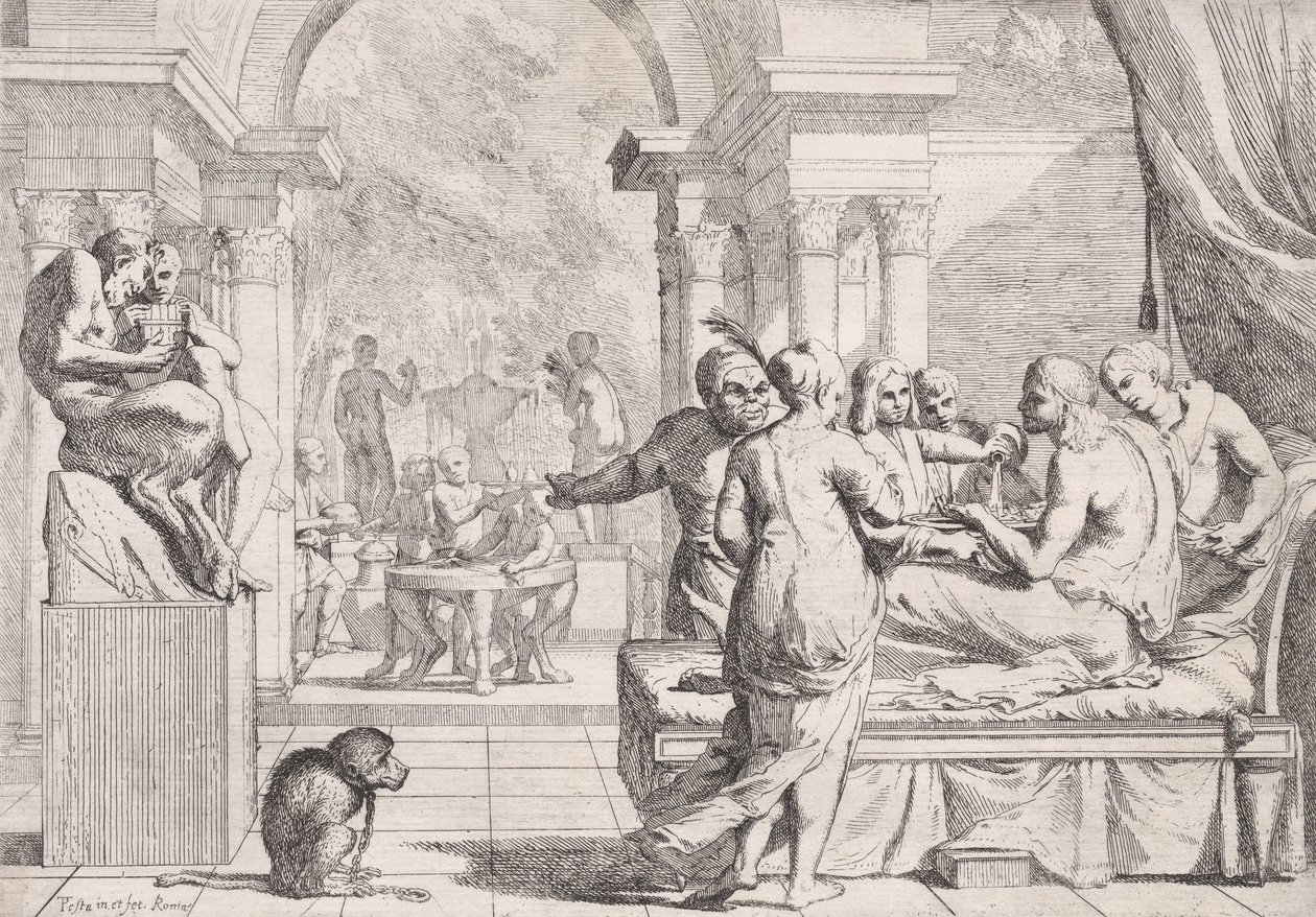 O filho pródigo sentado em um sofá sendo servido vinho, foliões ao fundo, um mo..., ca. 1645. de Pietro Testa