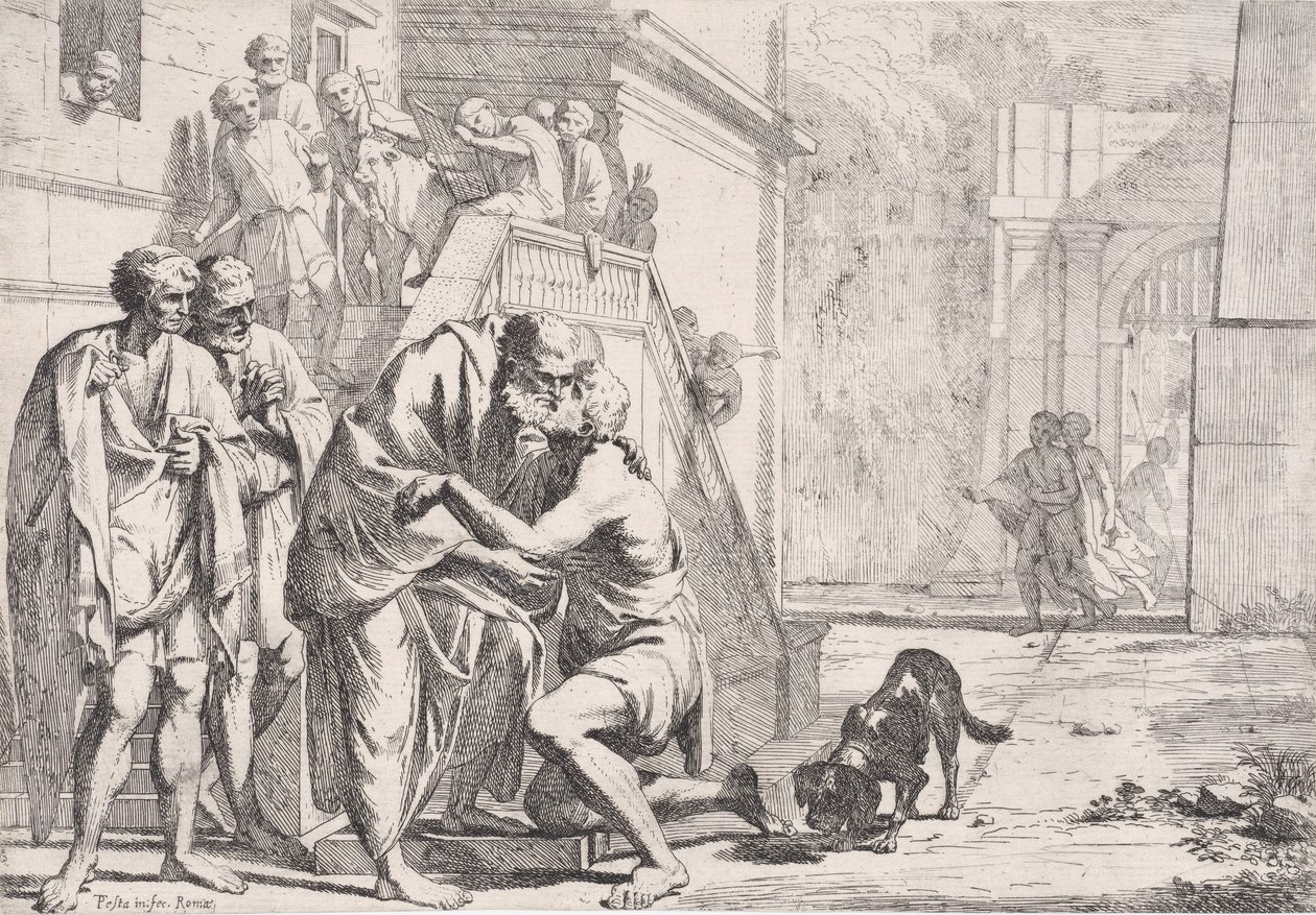 O retorno do filho pródigo, o pai abraçando o filho, de uma série,..., ca. 1645. de Pietro Testa