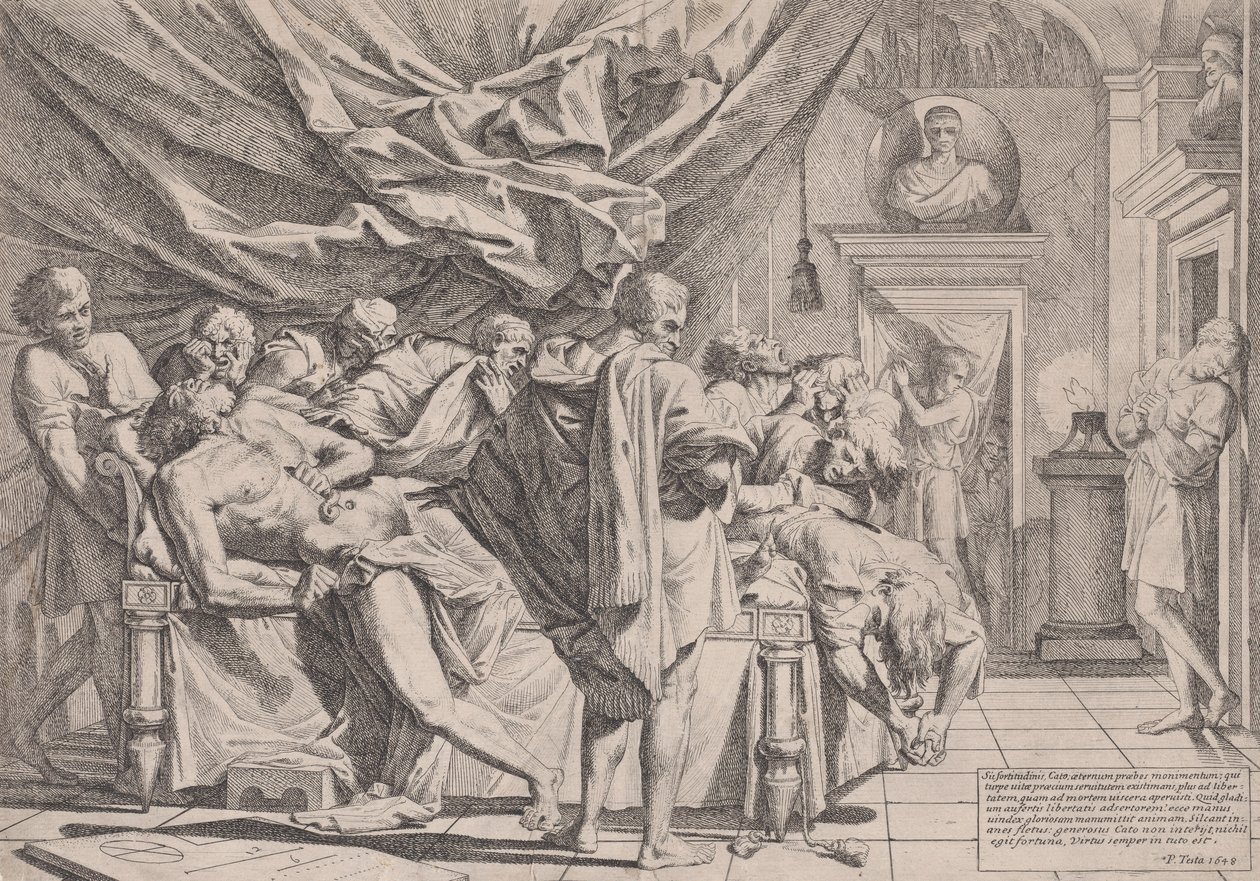 O suicídio do filósofo Catão, que está deitado em sua cama puxando suas entranhas assistido b..., 1648. de Pietro Testa