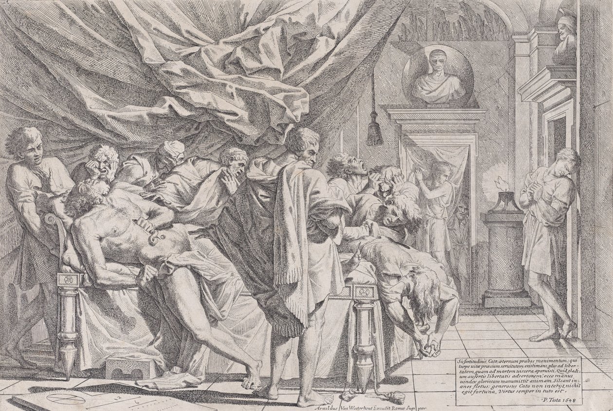 O suicídio do filósofo Catão, que está deitado em sua cama puxando suas entranhas assistido b..., 1648. de Pietro Testa