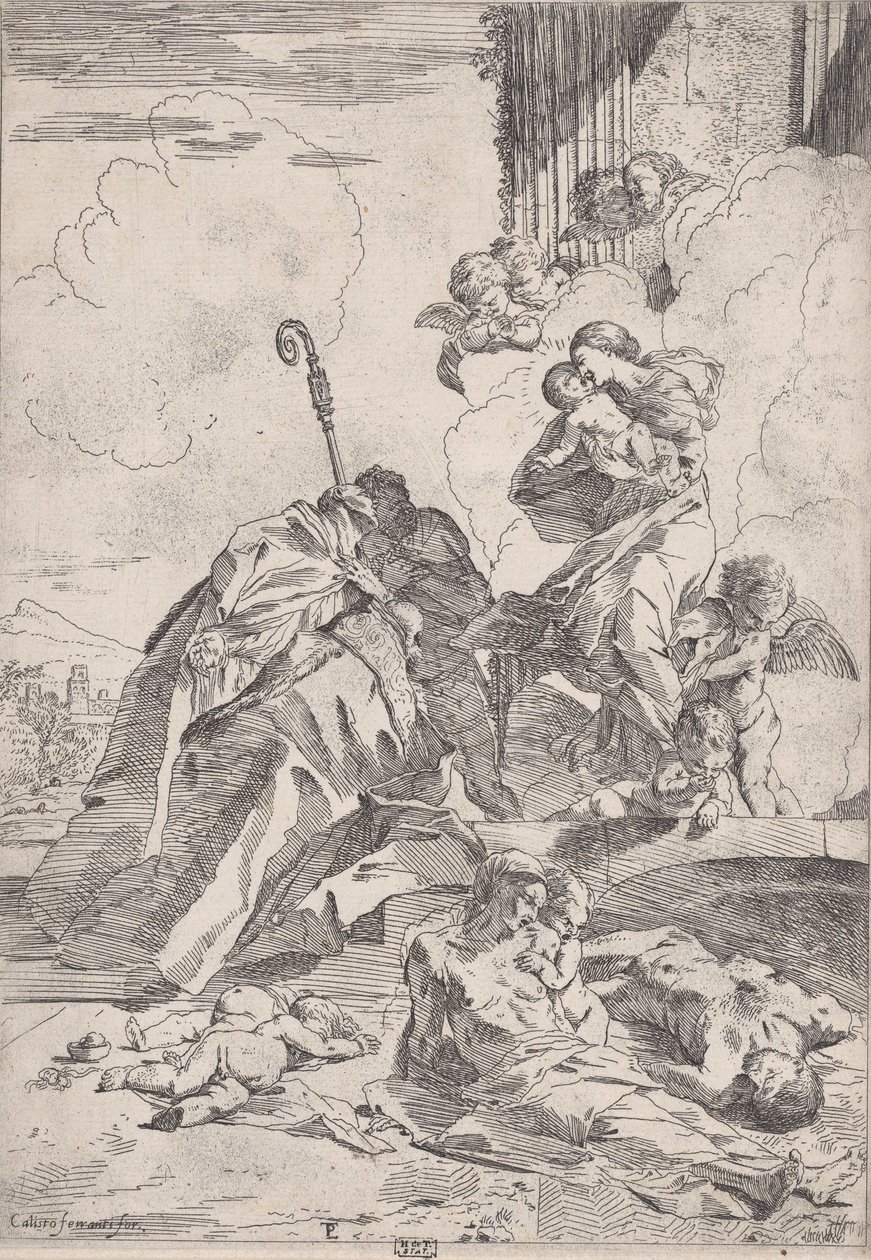 Três santos Lucchese intercedendo junto à Virgem pelas vítimas da peste...., ca. 1630-31. de Pietro Testa