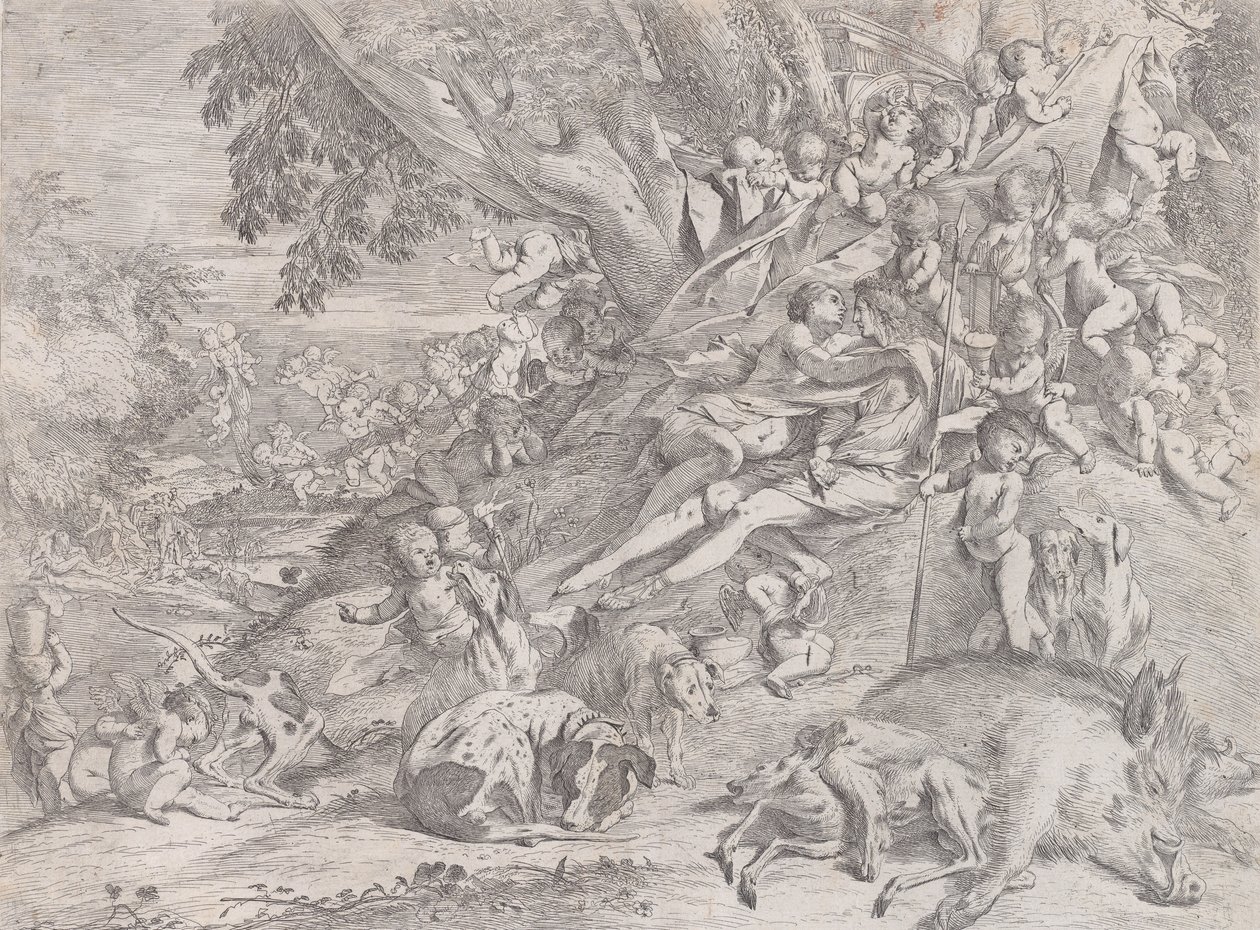 Vênus e Adonis, cercados por muitos putti, reclinados após a caçada, com um javali morto ..., 1631-37. de Pietro Testa