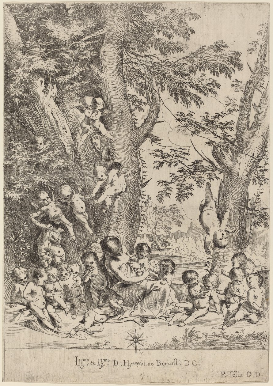 Jovem, cercada de cupidos (O Jardim da Caridade, versão vertical) de Pietro Testa