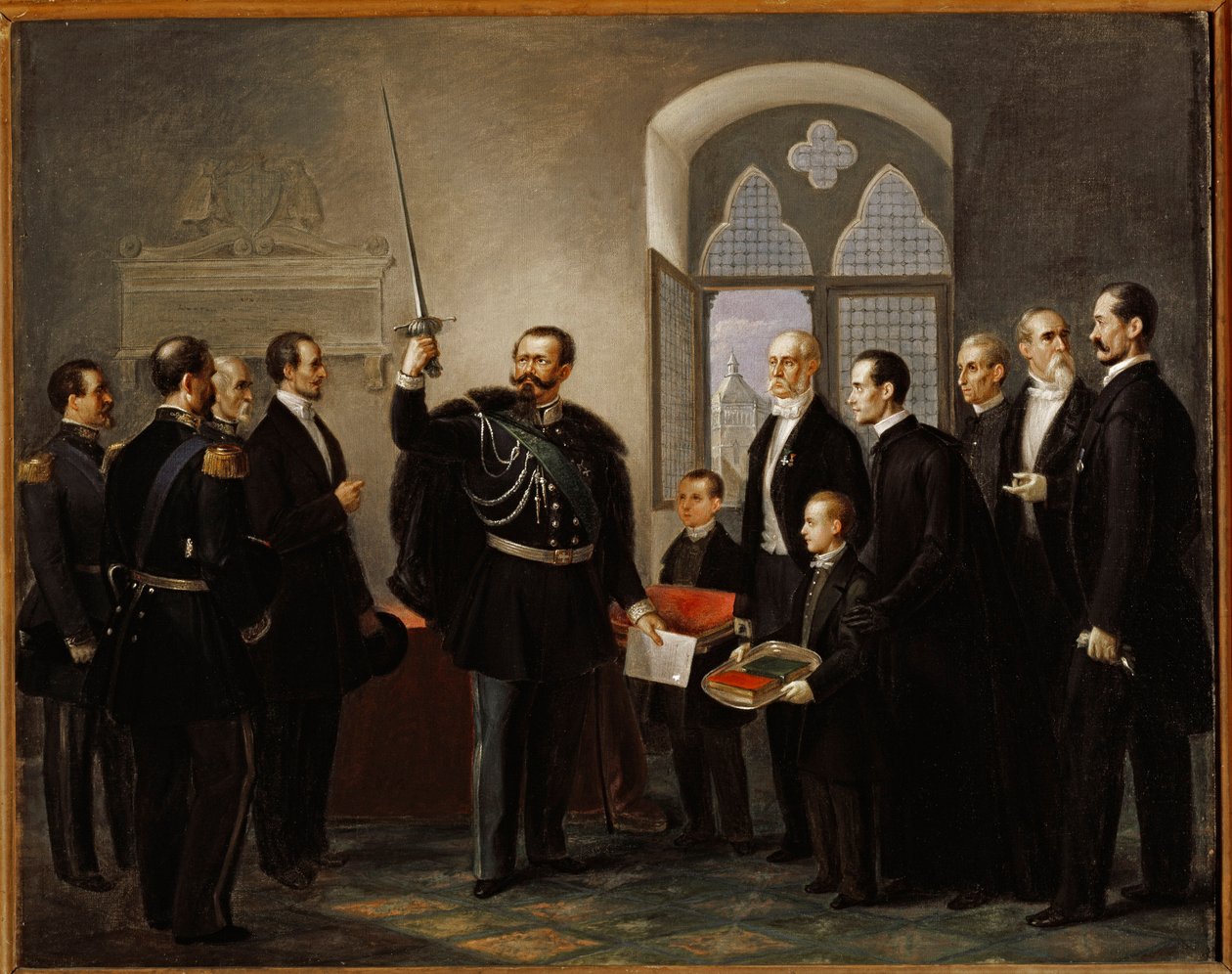 Vittorio Emanuele II de Sabóia, em Pistoia, brandindo a espada do condomínio gibelin Castracani de Pietro Ulivi
