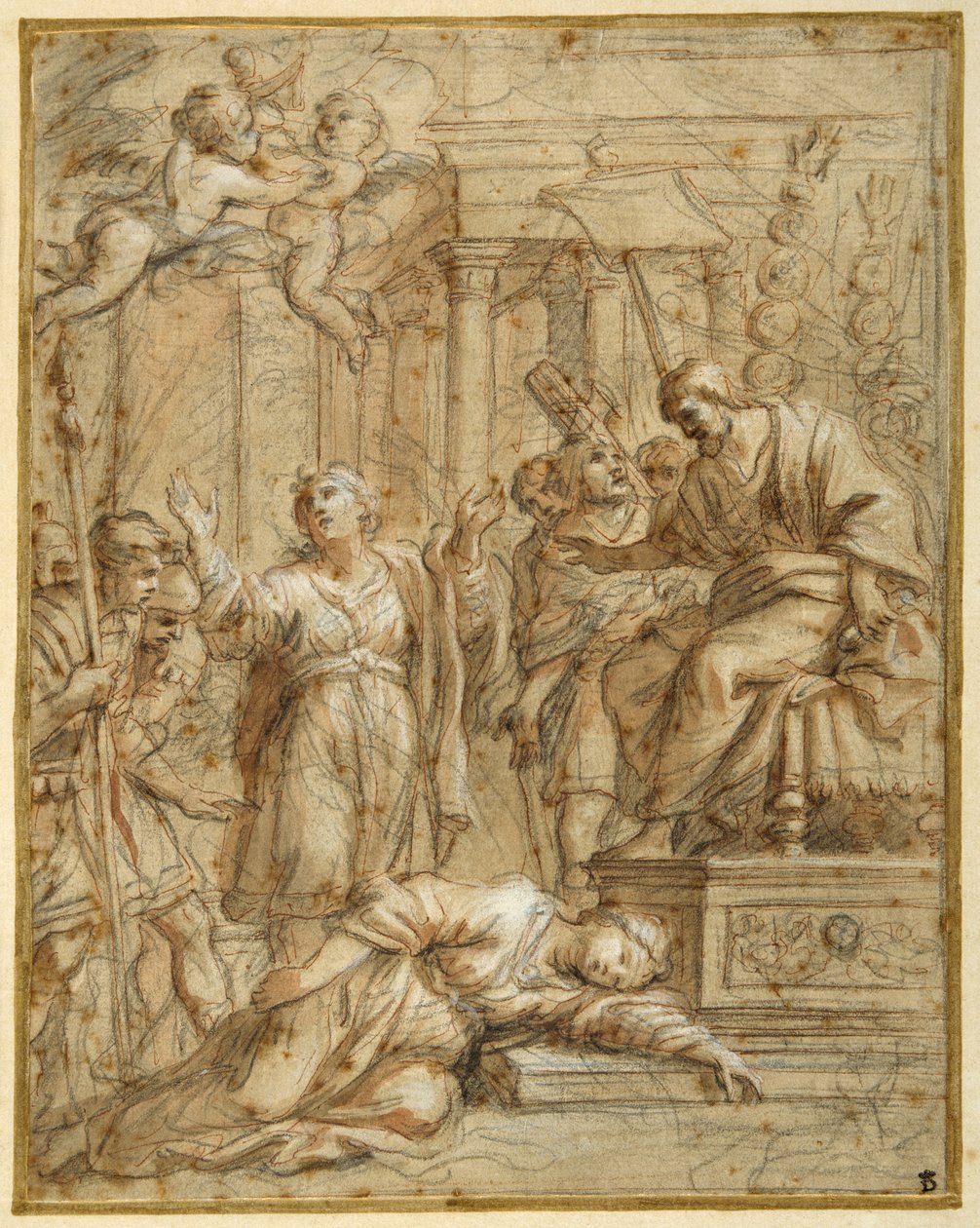 Santa Bibiana está martirizada perante o Prefeito Aproniano (giz preto com caneta e tinta e lavagem sobre papel) de Pietro da (1596 1669) Cortona