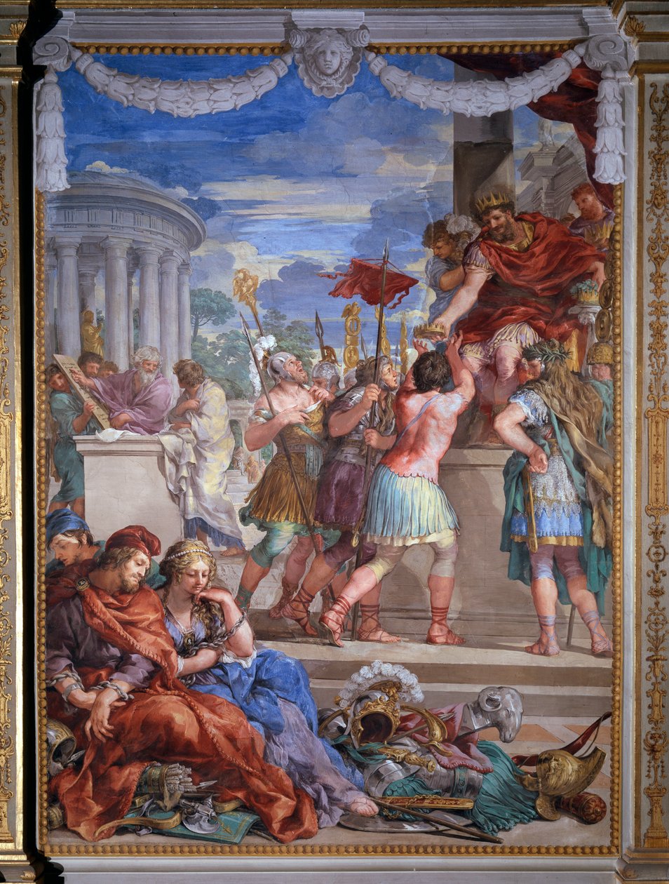 Alegoria das quatro idades, o fresco da Idade do Bronze de Pietro da Cortona (Pedra de Cortona) (1596-1669) 1637 Salle du Poele (Stanza della Stufa), Galeria Palatino, Palazzo Pitti, Florença de Pietro da Cortona
