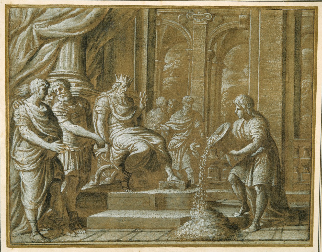 Um rei idoso, entronizado com os assistentes em um ambiente arquitetônico, e um jovem derramando de um vaso ao seu espanto (caneta e tinta com giz, lavagem e guache sobre papel) de Pietro da Cortona