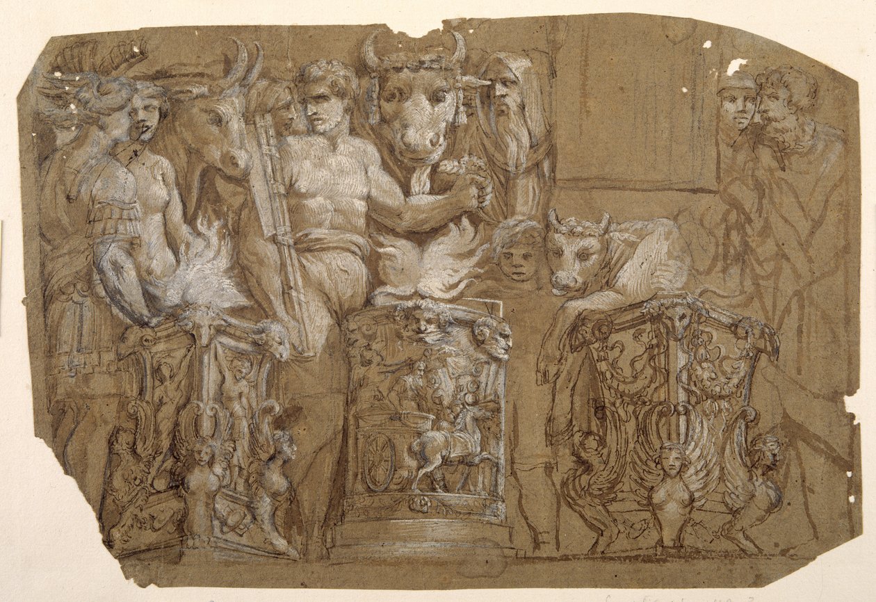 O sacrifício antigo e o casamento de Perseu e Andrómeda, depois de Polidoro da Caravaggio (c.1499-1543) (caneta e tinta marrom com lavagem marrom realçada com cor de corpo branca sobre preliminares em giz preto sobre papel lavado de marrom) de Pietro da Cortona