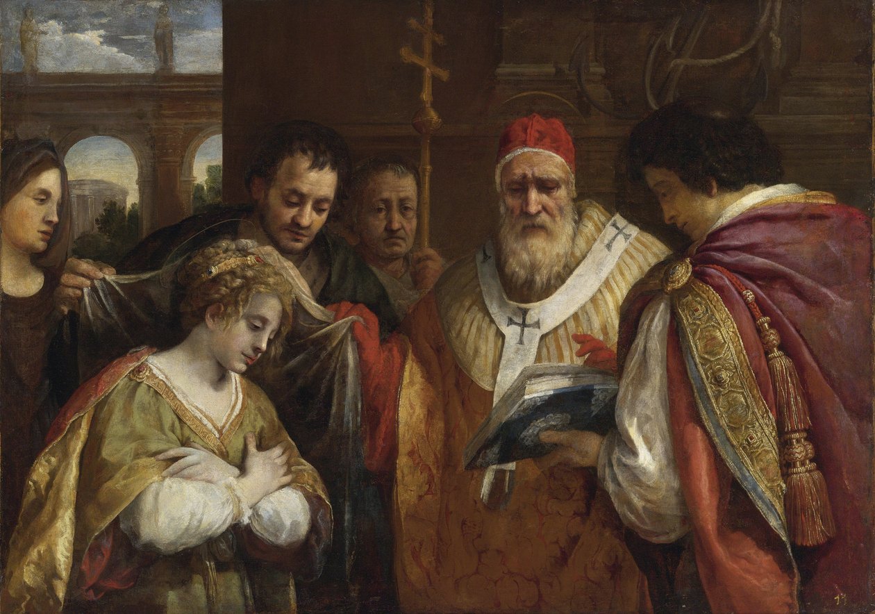Flavia Domitilla (morte apres 95) recebant le voile du pape Clemente I - Santa Domitilla recebendo o véu do Papa Clemente I par Cortona, Pietro da (1596-1669). Óleo sobre tela, tamanho : 123x172,7, , Coleção Particular de Pietro da Cortona