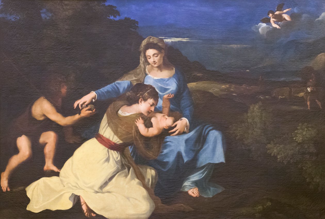 Madonna e Criança com Santos, c.1625, depois de Ticiano (óleo sobre tela) de Pietro da (1596 1669) Cortona