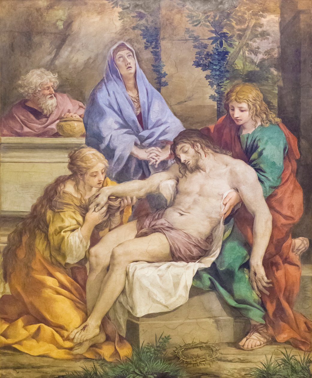 Pieta com a Virgem, São João Baptista, Santa Maria Madalena e Nicodemos (fresco) de Pietro da (1596 1669) Cortona