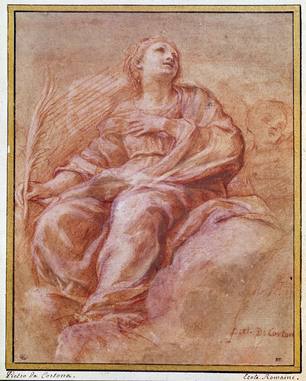 Representação de Santa Firmeza sentada sobre as nuvens. Desenho a lápis por Pietro Berrettini conhecido como Pierre de Cortona ou Pietro da Cortona (1596-1669). 1647. Dim. 0,26x0,22 m. Paris, Museu do Louvre, firma de desenho de Pietro da Cortona