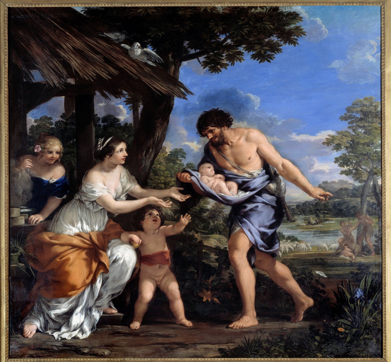 Romulus e Remus recolhidos por Faustulus e sua esposa Acca Laurentia Pintura por Pierre de Cortona (Pietro Berrettini dit Pietro da Cortona (1596-1669). 1643 Sol. 2,51x2,65 m de Pietro da Cortona