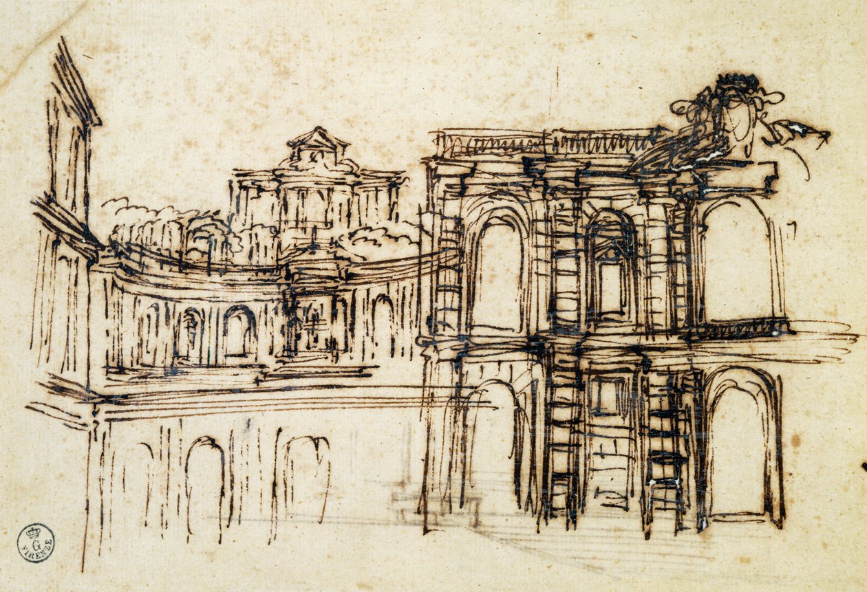 Estudo para teatro no Palazzo Pitti em Florença, por Pietro Berrettini conhecido como Pietro da Cortona (1596-1669), Itália de Pietro da Cortona