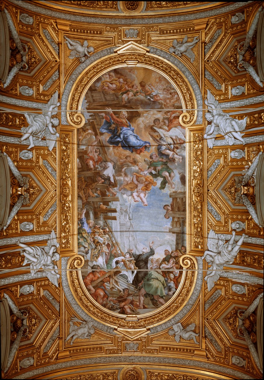 A Virgem aparece a São Filipe Neri (Filippo Neri) durante a construção da igreja Vista dos frescos da abóbada por Pedro de Cortona (Pietro da Cortona) (1596-1669) (Milagre da Madonna della Vallicella por Pietro da Cortona, fresco do tecto de Pietro da Cortona