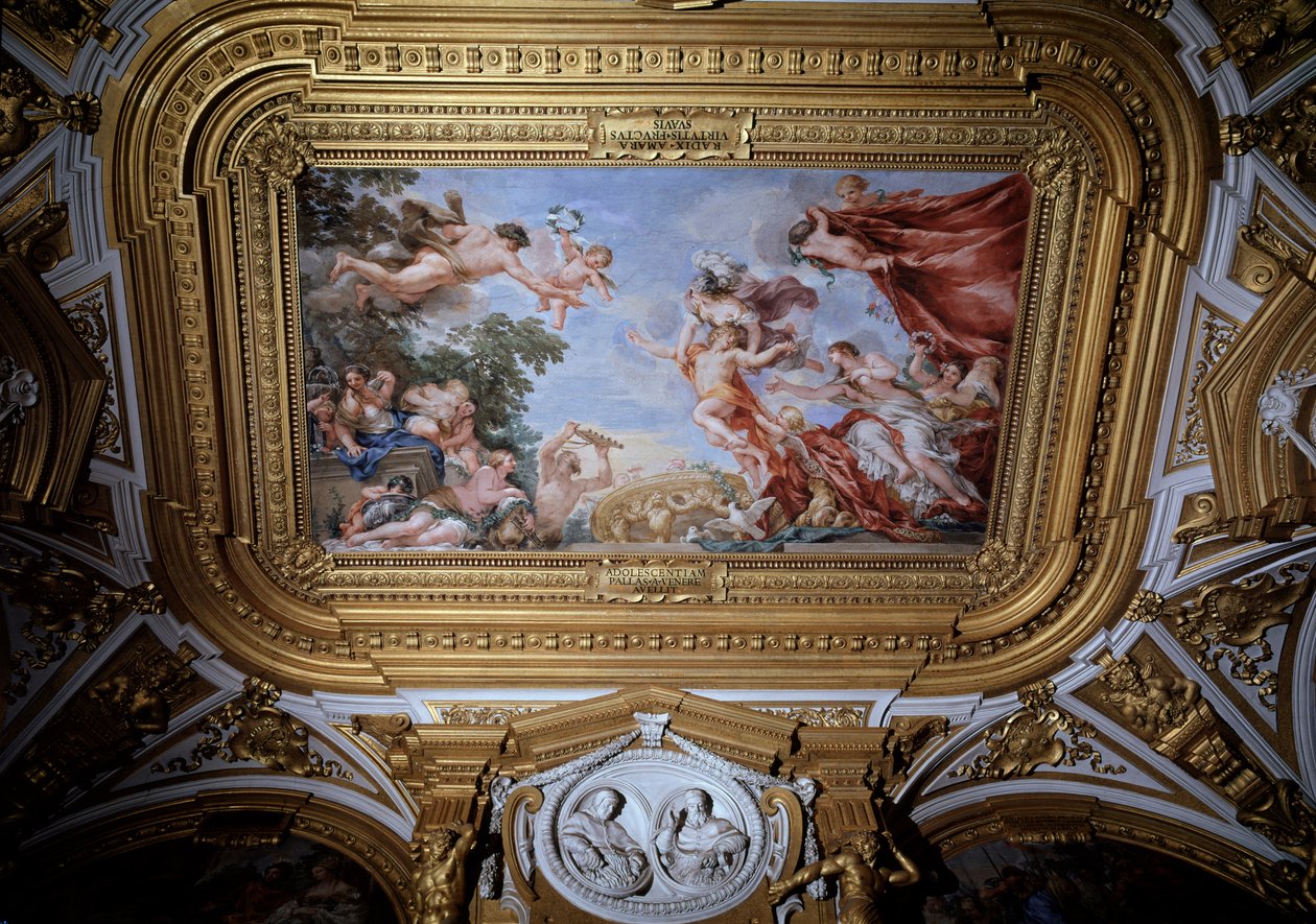 O jovem Cosimo I de Medici (Cosimo I da Toscana) (1519-1574) é retirado dos braços de Vénus por Minerva e Hércules (Cosimo I de Medici, Grão-Duque da Toscana é retirado dos braços de Vénus por Minerva e Heracles) Fresco por Pietro da Cortona (Berretti de Pietro da Cortona