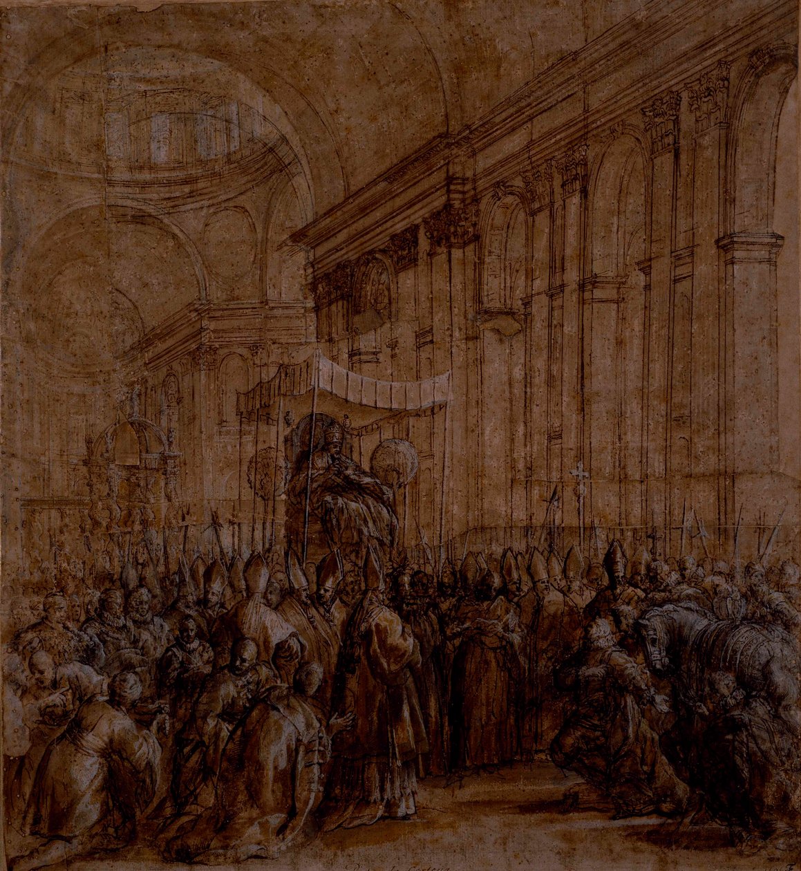 Urban VIII carregou a nave de São Pedro (caneta e tinta castanha com a cor do corpo sobre papel) de Pietro da Cortona