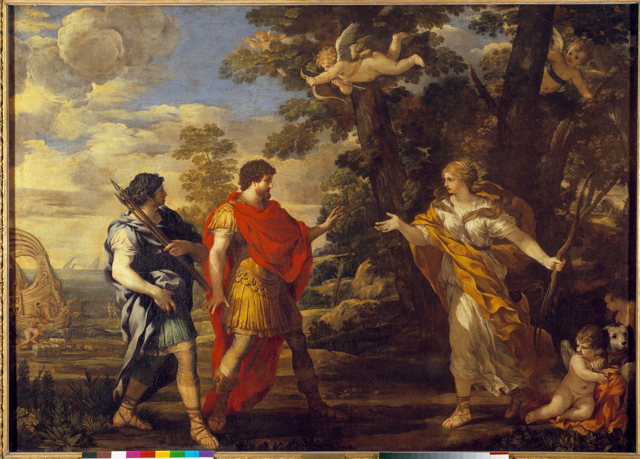 Vénus como caçador aparece em Enee Painting de Pierre de Cortona (Pietro Berrettini dit Pietro da Cortona (1596-1669). Sol do século XVII. 1,27x1,76 m de Pietro da Cortona