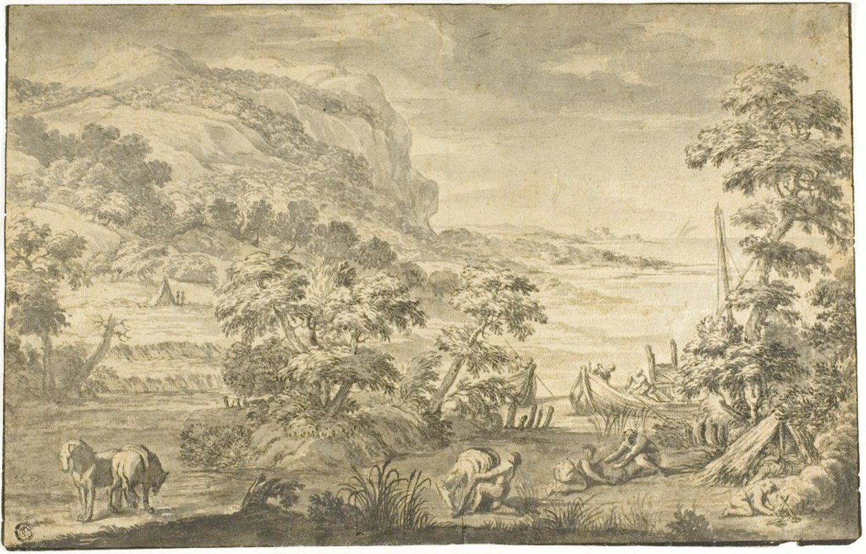 Cena Costeira Italiana com Pescadores, Acampamento (reto); Estuário do Rio (verso) de Pietro da Cortona
