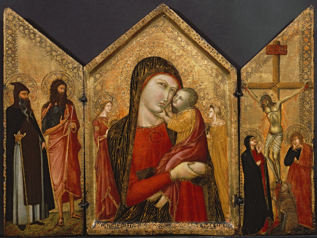 Madonna e Criança, a Crucificação e Santos, c.1340-1370 (têmpera e folha de ouro no painel) de Pietro follower of Lorenzetti
