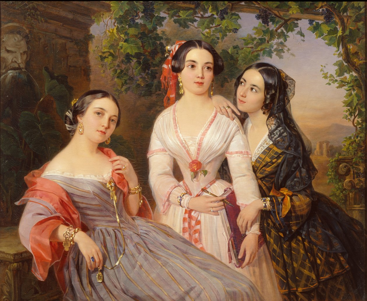 Retrato das Irmãs Condessa Elizaveta Salias De Tournemire, Sophia Sukhovo-Kobylina e Eudokia Petrovo-Solovovo, 1847 de Pimen Nikitich Orlov