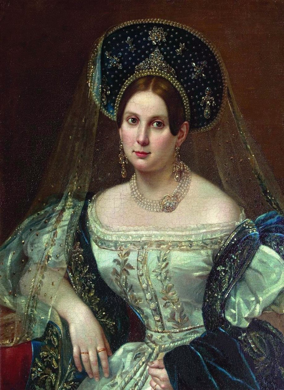 Retrato de uma mulher no vestido da corte russa, ca 1835 de Pimen Nikitich Orlov