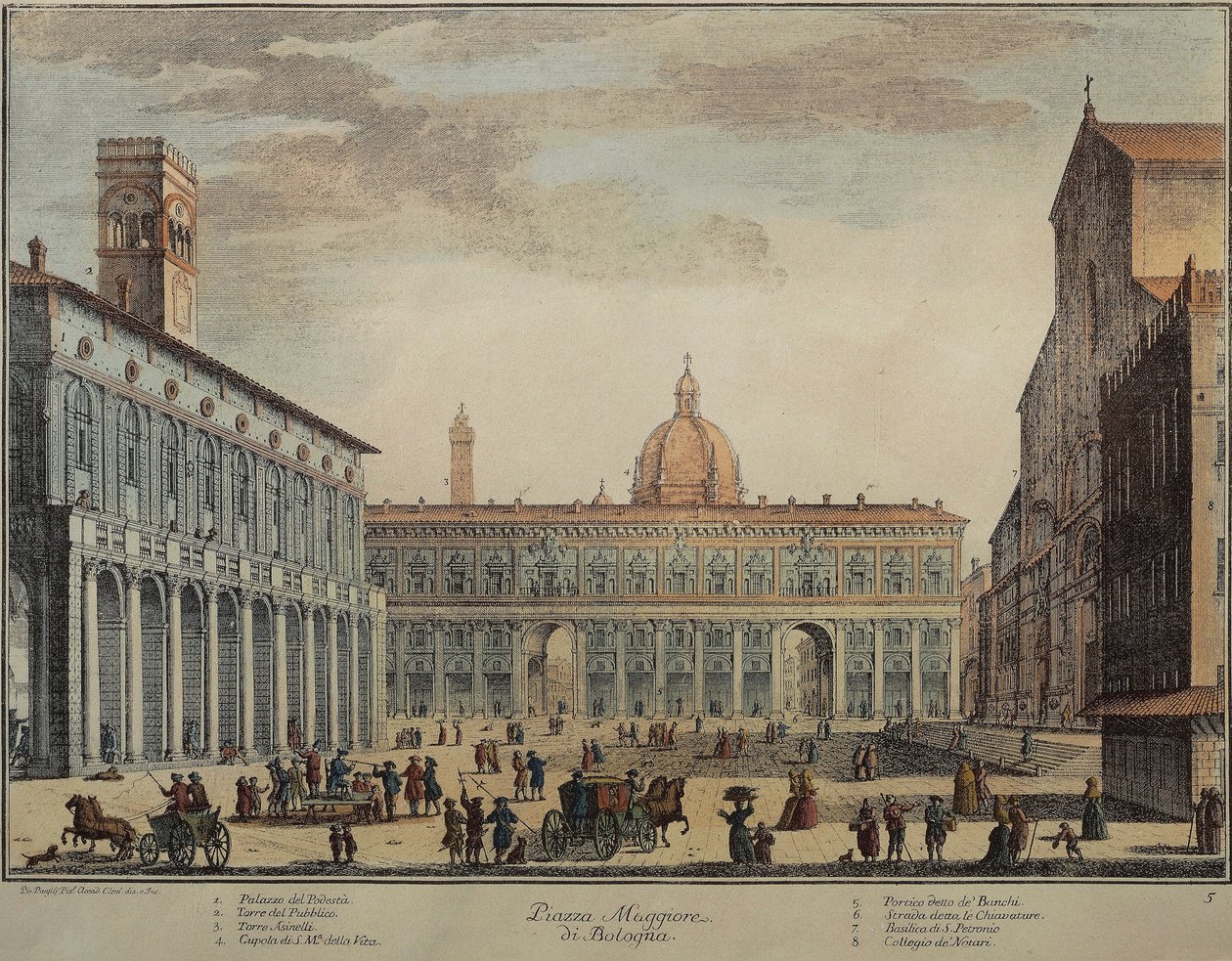 Itália, Bolonha, Piazza Maggiore ou Piazza Grande, de Pio Panfili, gravura de Pio Panfili