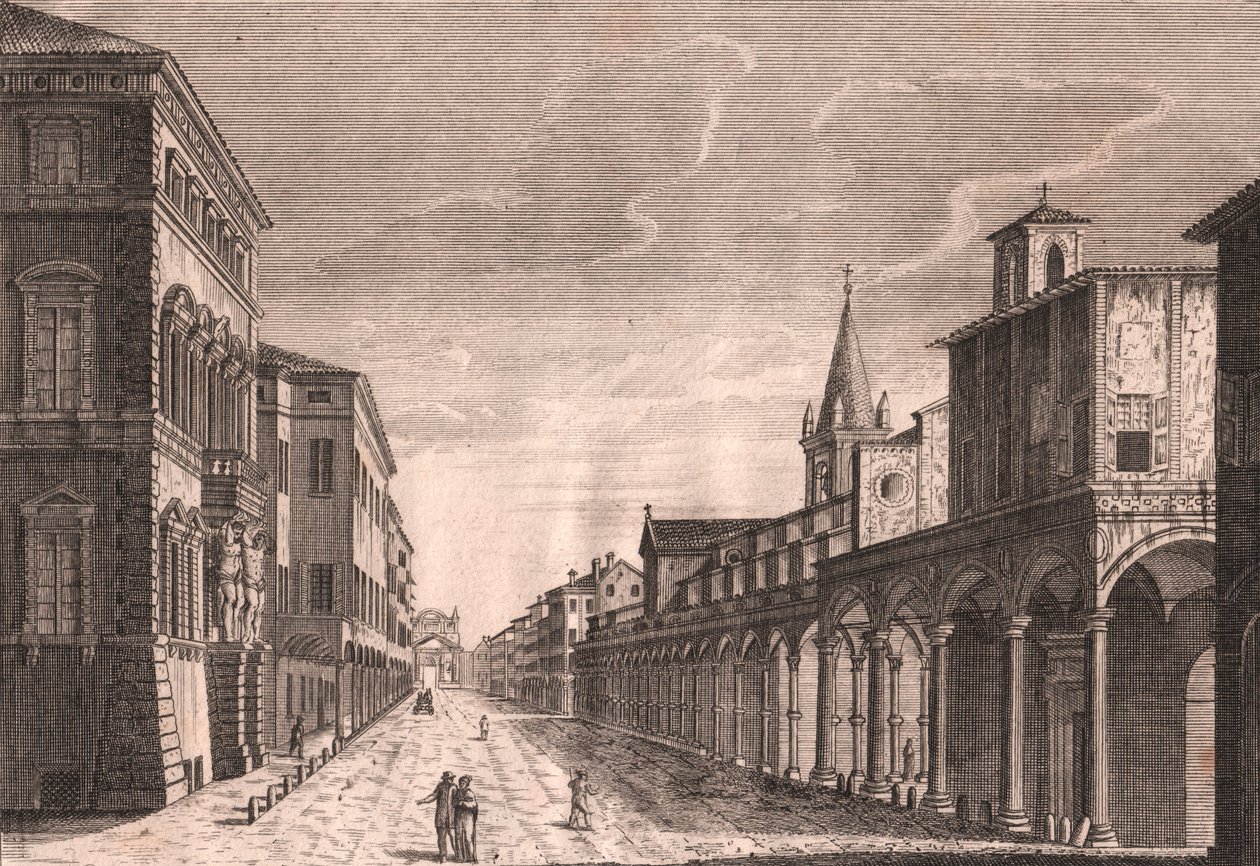 Vista da Strada Maggiore em Bolonha, Emília-Romanha, Itália, gravura em cobre de C Lambertini segundo um desenho de Pio Panfili (1723-1812), cerca de 13,5x19 cm de Pio Panfili