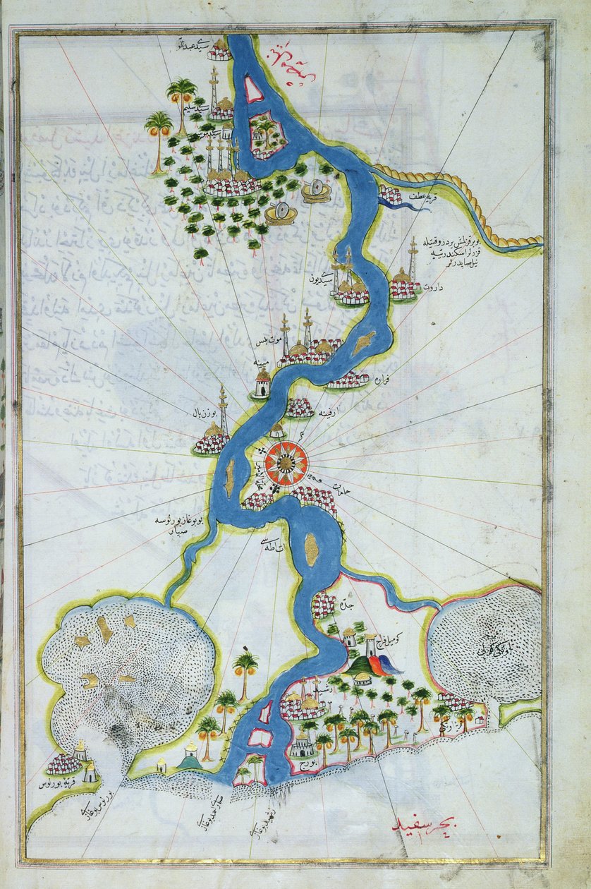 MS W.658 fol.304v Mapa do Nilo do Kitab-I Bahriye (têmpera, ouro e tinta sobre papel) de Piri Reis