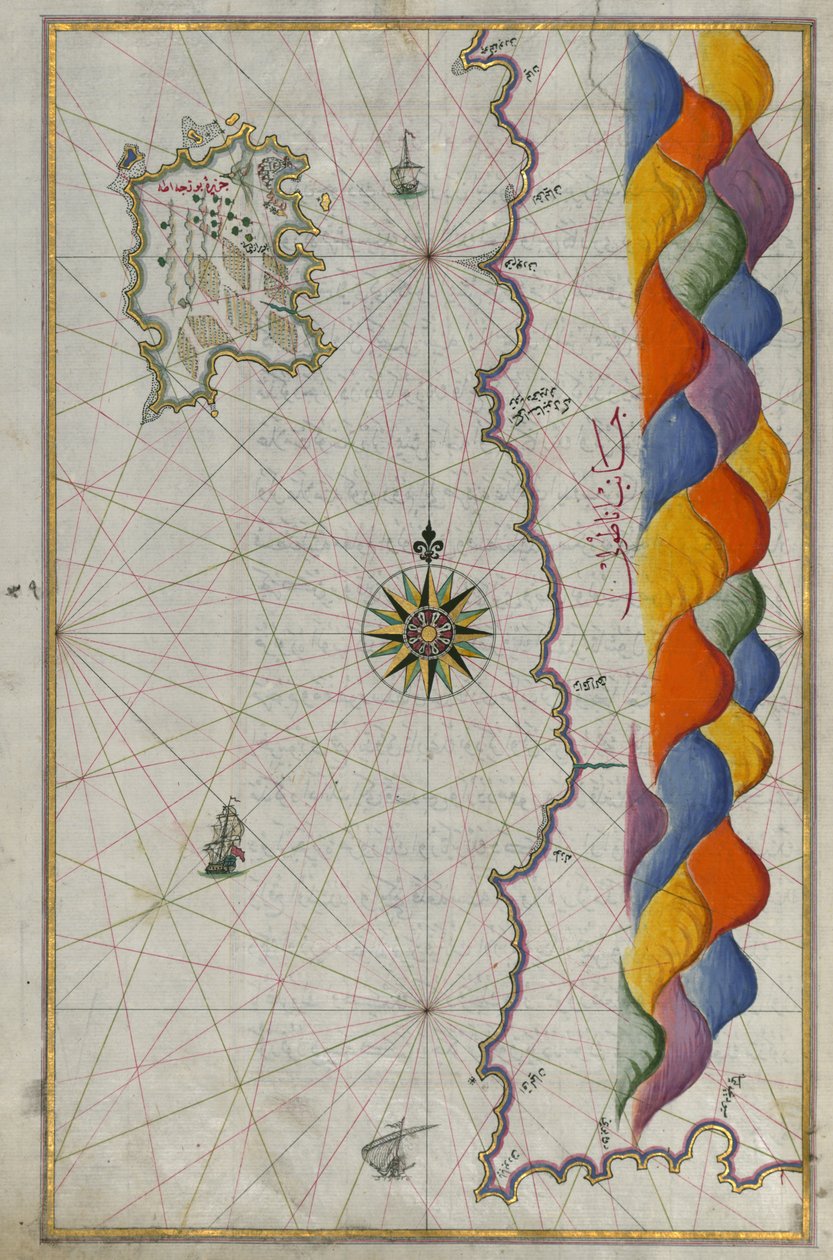 Mapa da ilha de Bozjah (Tenedos) ao largo da costa da Anatólia de Piri Reis
