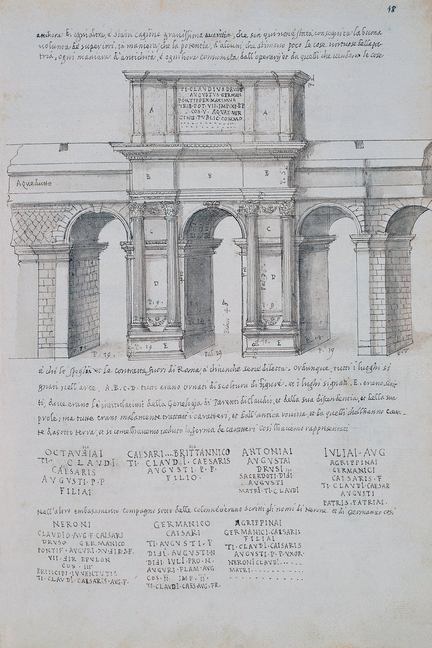 Arco de Cláudio em Roma, desenho, das Antiguidades Romanas, de Pirro Ligório (1513-1583) de Pirro Ligorio