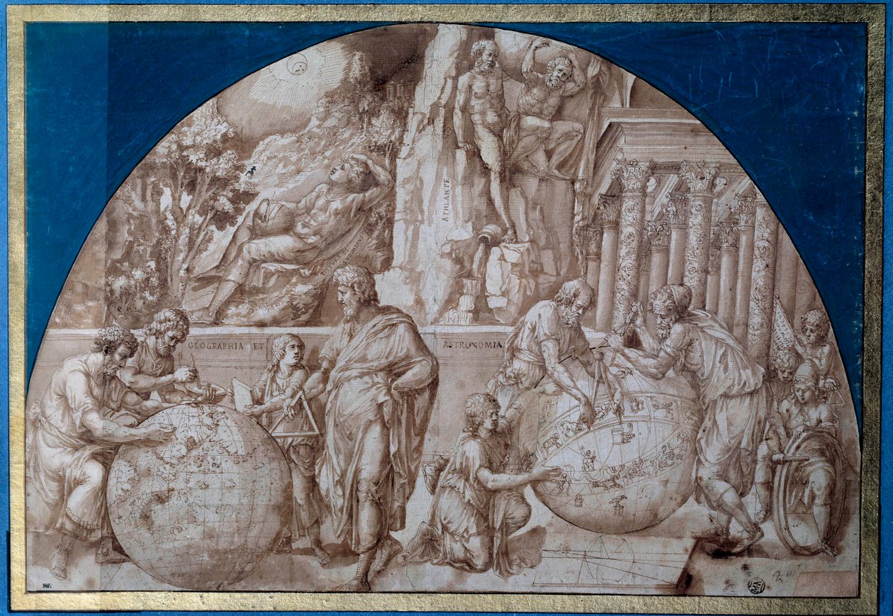 Alegoria astronómica. Os cientistas estão a fazer medições nos globos terrestres. Desenho com tinta castanha de Pirro Ligorio (cerca de 1500-1583) Paris do século XVI, Museu do Louvre de Pirro Ligorio