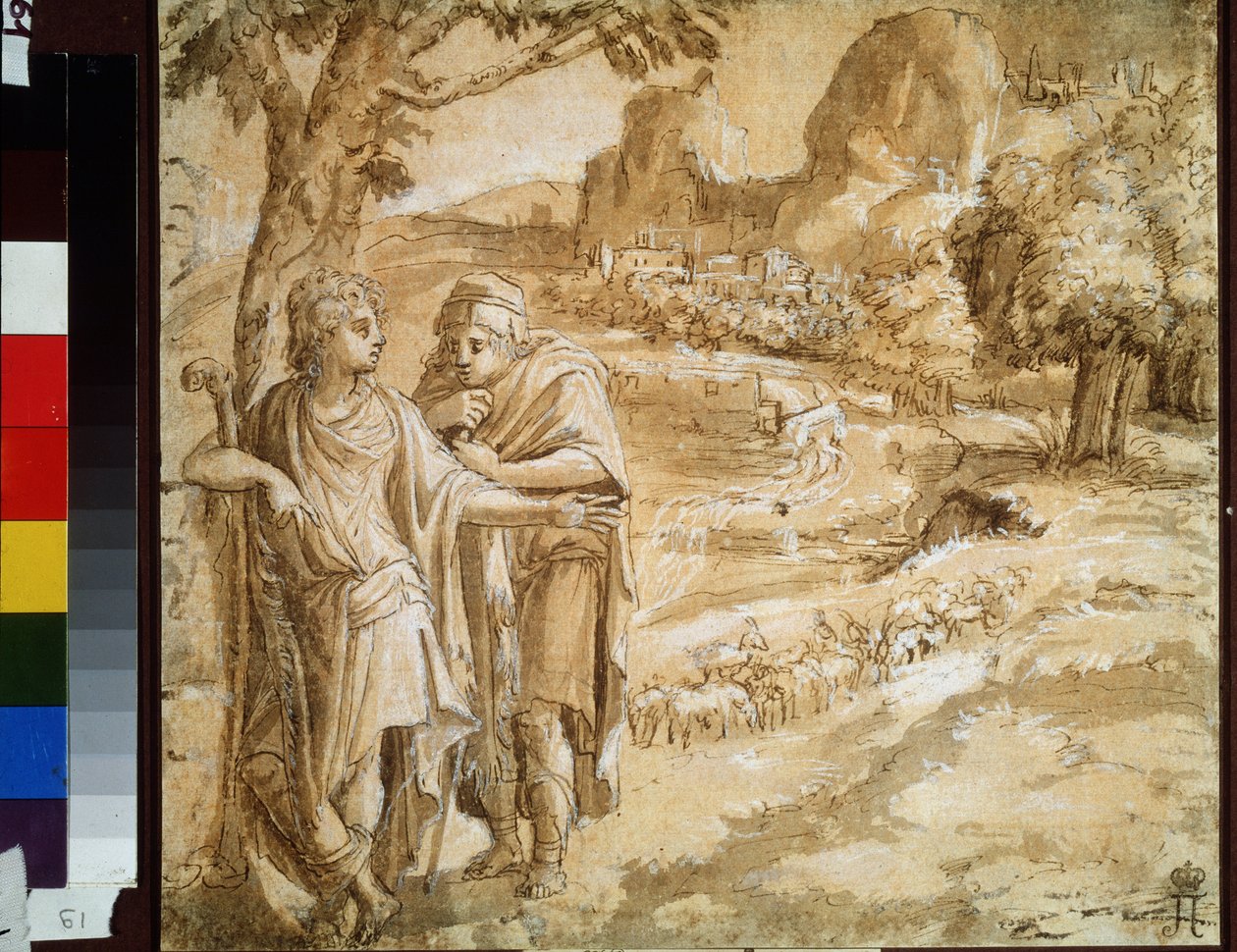 "Pastor e peregrino numa paisagem Aquarela e tinta de Pirro Ligorio (1510-1583) 1550 aproximadamente Museu Pushkin, Moscovo de Pirro Ligorio