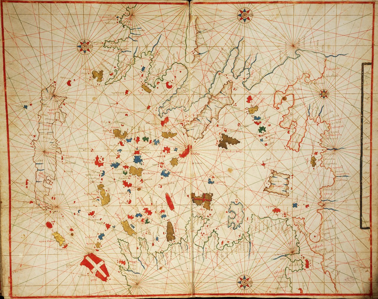 Mar Egeu, de portolan atlas constituído por seis cartas, de Placido Caloiro e Francesco Oliva, Parchment. 1646. de Placido Caloiro e Oliva