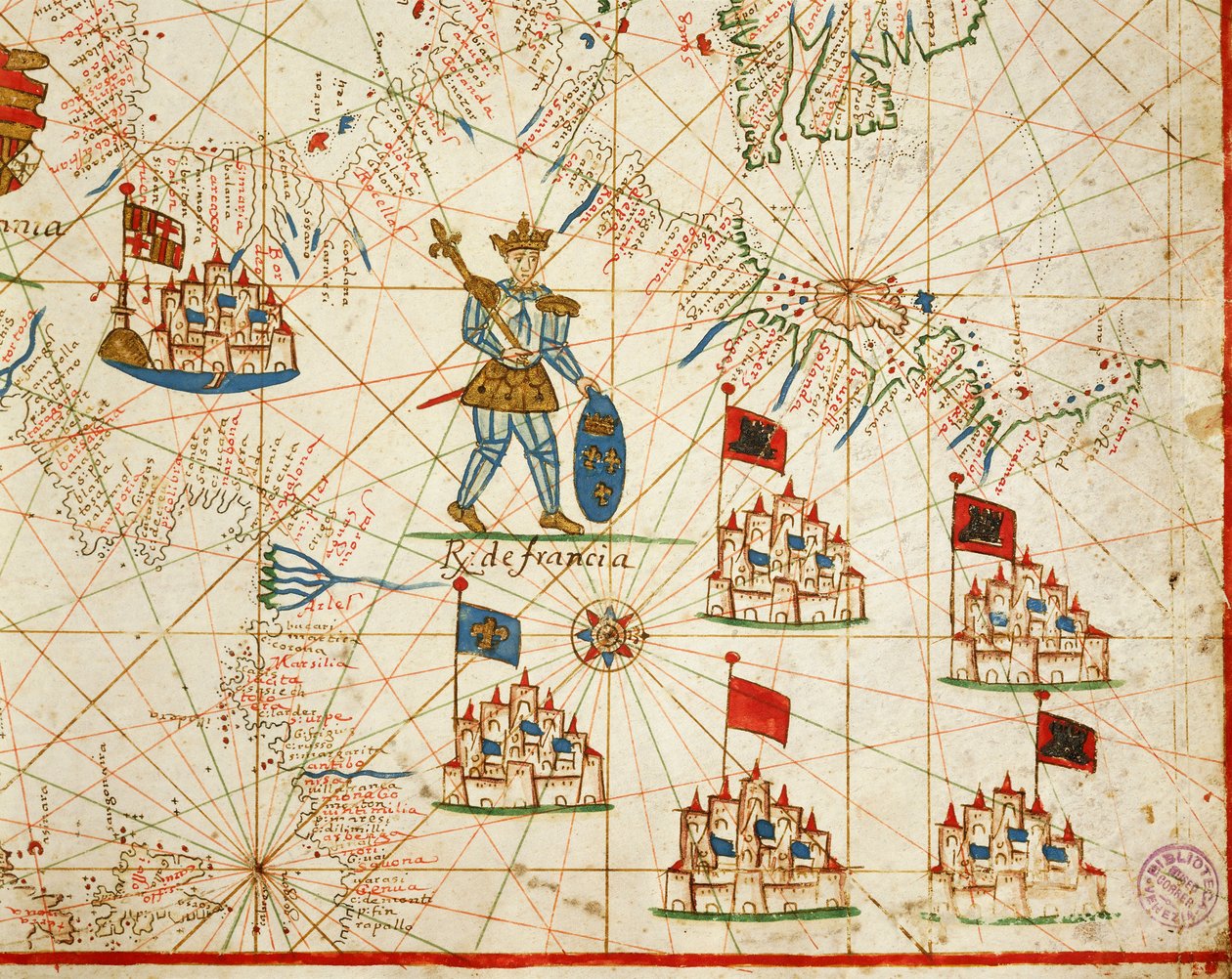 Reino de França, de portolan atlas constituído por seis cartas, de Placido Caloiro e Francesco Oliva, Parchment. 1646. de Placido Caloiro e Oliva