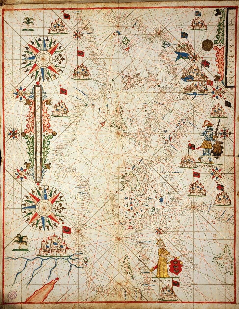 Mar Mediterrâneo, de portolan atlas de seis cartas, de Placido Caloiro e Francesco Oliva, Parchment. 1646. de Placido Caloiro e Oliva