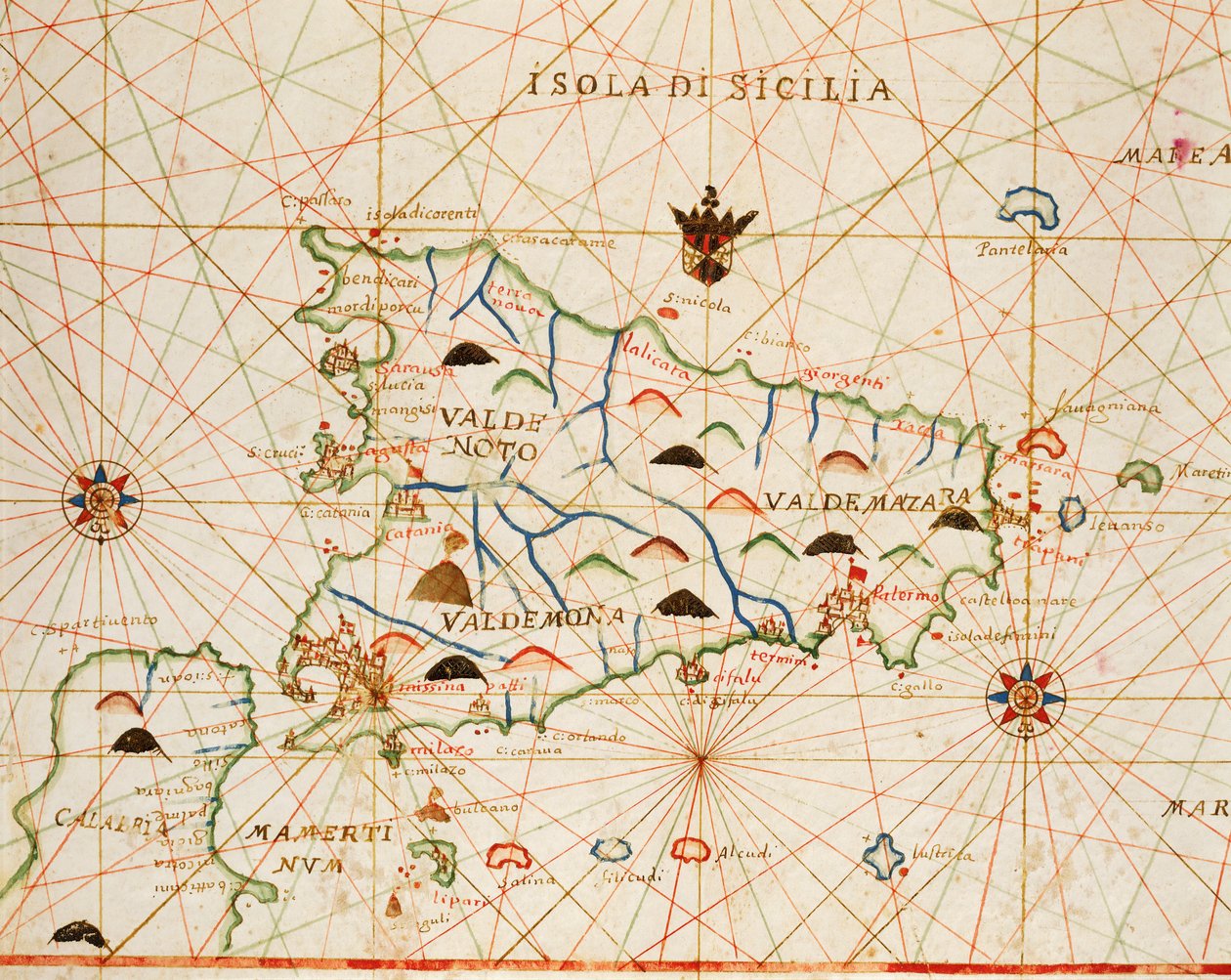 Sicília de portolan atlas constituído por seis cartas, de Placido Caloiro e Francesco Oliva, Parchment. 1646. de Placido Caloiro e Oliva